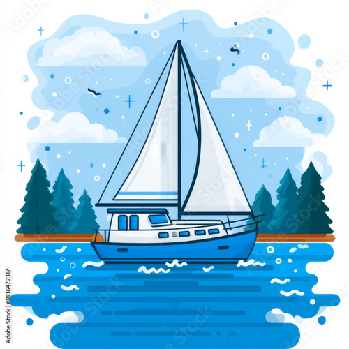 Flat design illustration of a sailboat, blue and white colors, representing a nautical journey on a lake