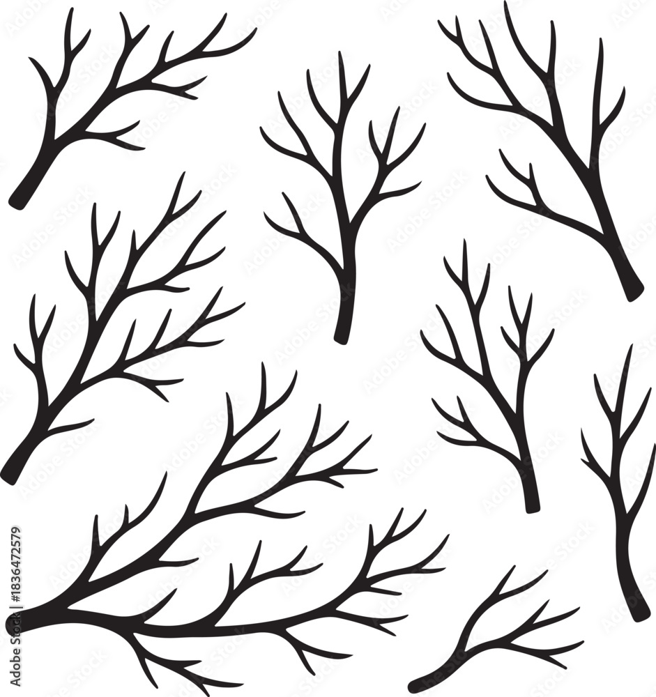 Naklejka premium silhouette tree branches with multiple shapes and sizes simple natural design vector illustration