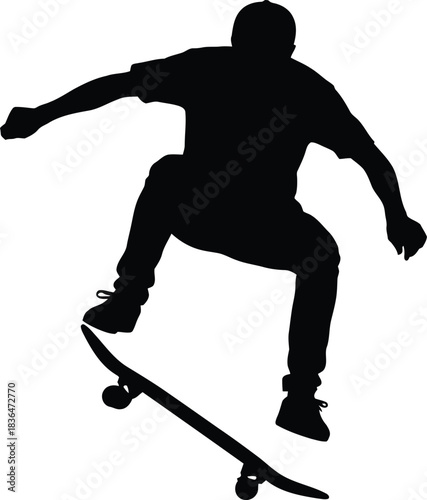 Silhouette of a skateboarder performing an ollie or trick in midair