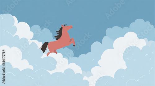 青空と白い雲の中を軽やかに跳ねる赤い馬のイラスト generative ai