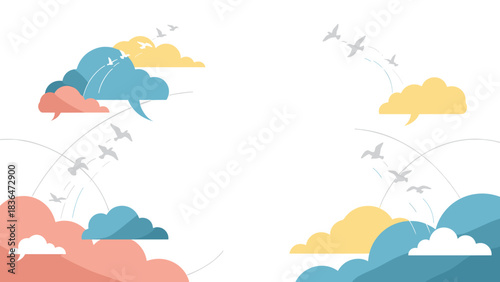 Colorful clouds with birds flying in a minimalist design  