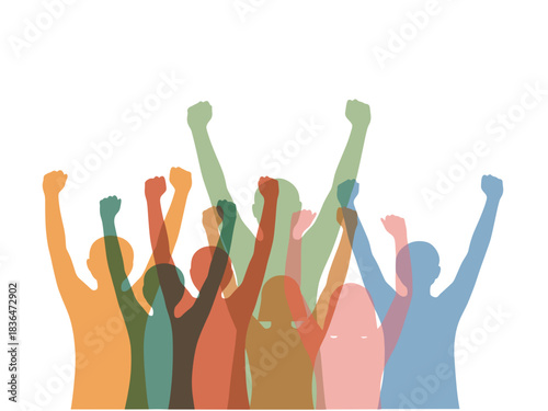 Group of diverse people raising fists in celebration or protest  