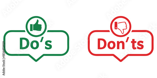 Do's and don'ts icon. to do and not to do symbol for guidelines and rules list.Dos and donts like thumbs up or down. Like or dislike index finger sign. Thumb up and thumb down sign - stock vector