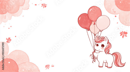 ピンクの風船を持って歩くかわいい馬のキャラクターのイラスト generative ai