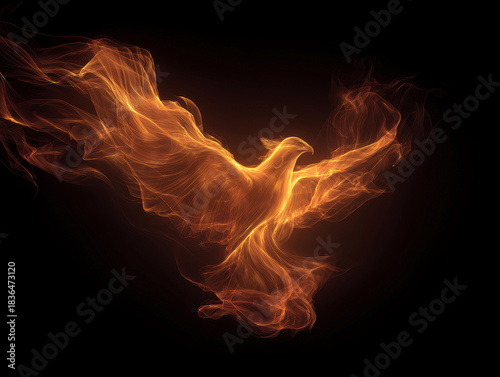 A dynamic, fiery phoenix against a dark backdrop, depicted in an ultra-realistic, minimalistic futuristic style The birds wings are spread wide, suggesting flight, and its body is eng - AI-Generated