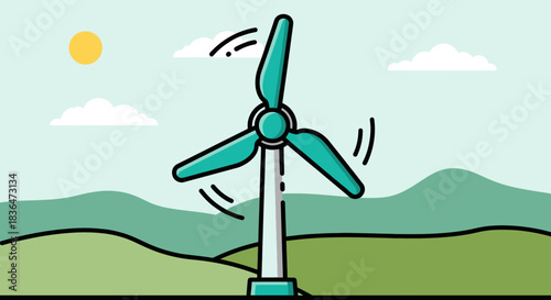 Wind turbine generating clean power in a green landscape under the sun.