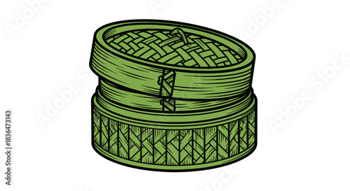 Traditional Green Bamboo Steamer Basket Vector Illustration