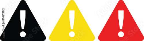 Vector collection of three universal warning triangle icons with exclamation marks in black, yellow, and red, representing industrial hazard, caution, error