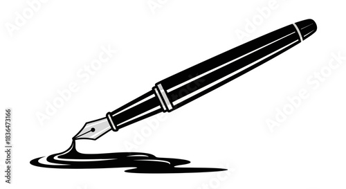 Classic fountain pen with dripping ink creating a splash on a white background.