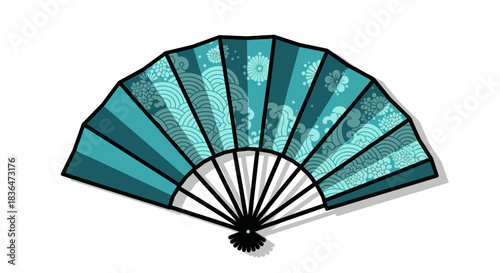 A vibrant blue Japanese folding fan with traditional oriental patterns.