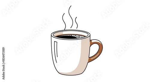 Simple cartoon illustration of a steaming hot coffee mug.