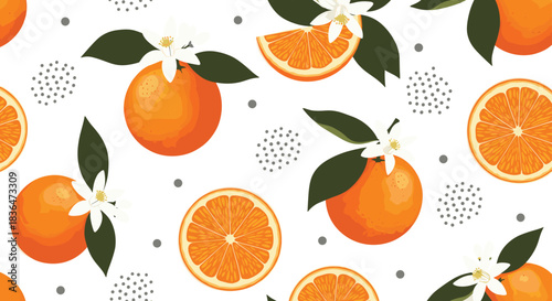 Seamless Vector Pattern of Whole Oranges, Slices, and White Blossoms with Green Leaves, Ideal for Citrus Food Packaging, Summer Prints, and Fabric Design