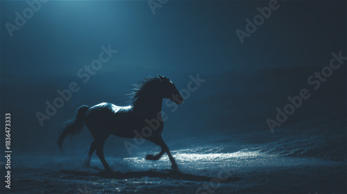 月明かりの下で水しぶきを上げて疾走する黒い馬のシルエット generative ai