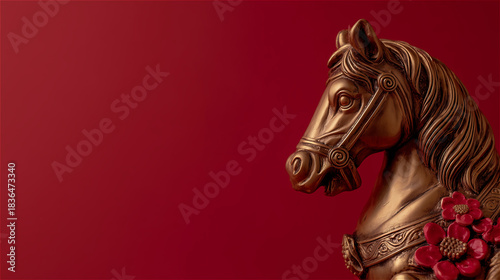赤い花飾りをつけた金色の馬の頭部クローズアップと赤い背景 generative ai