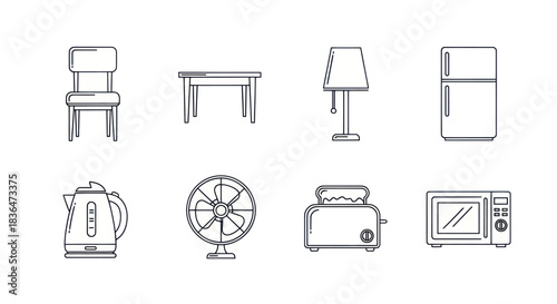 Collection of minimalist household items and home appliances line art icons