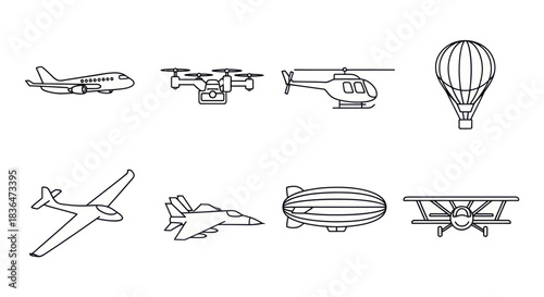 A collection of air transportation vehicle line icons