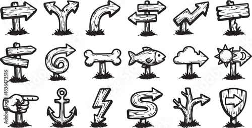 Vector signs arrows sketch showing arrow icons, fork path, spiral arrow, bone symbol, fish sign, cloud sign, sun arrow, pointing hand, anchor sign, lightning mark, S arrow, and tree branch arrows 