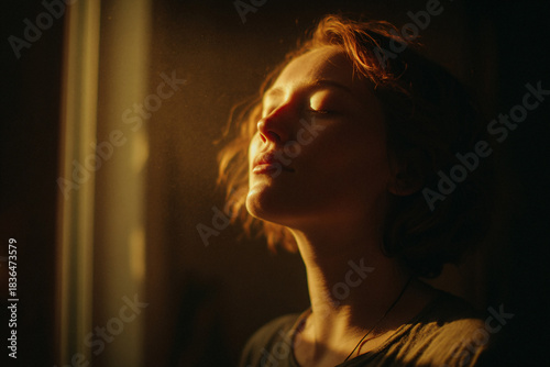 Mental Health Recovery Concept: Female Breathing Deeply in Window Ray of Light Symbolizing Peace.