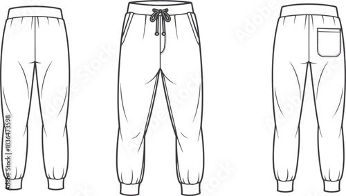 Jogger pants technical sketch, fashion flat drawing, front and back view, garment design template, apparel illustration, vector outline, clothing blueprint