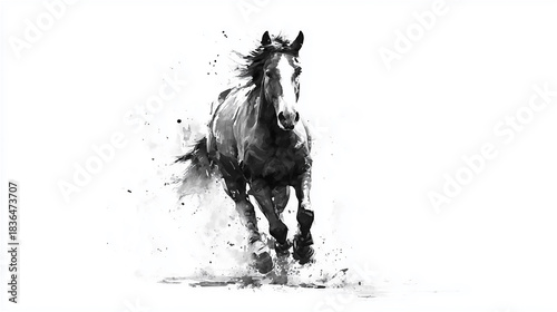 正面から疾走してくる馬を描いた白黒のインクブラシ画イラスト generative ai