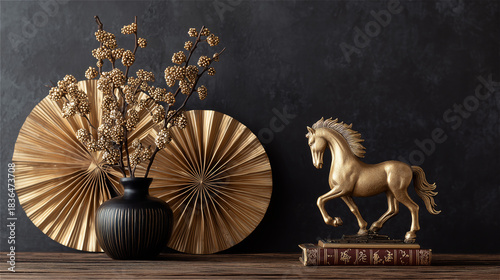 金色の扇子と黒い花瓶のそばに置かれた金色の馬のインテリア generative ai