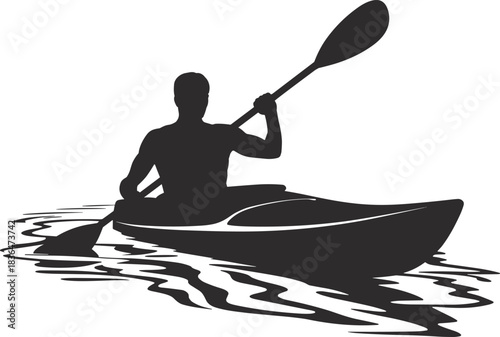 Silhouette of man kayaking in water, outdoor adventure sport, paddling activity, black and white vector, river recreation, active lifestyle