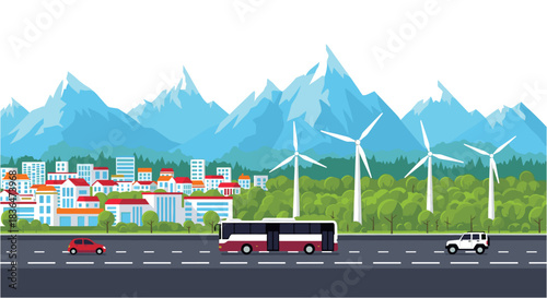 Vibrant city embracing renewable energy with wind turbines and modern transportation, perfect for eco-friendly campaigns