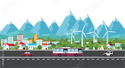 Vibrant city skyline with wind turbines and snowy mountains promoting eco friendly urban living and sustainable energy solutions