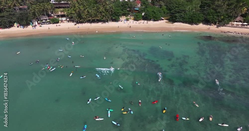 Aerial View of Hiriketiya Bay with surfers, Sri Lanka