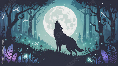 Silhouette of a wolf howling at a large full moon in a dark forest