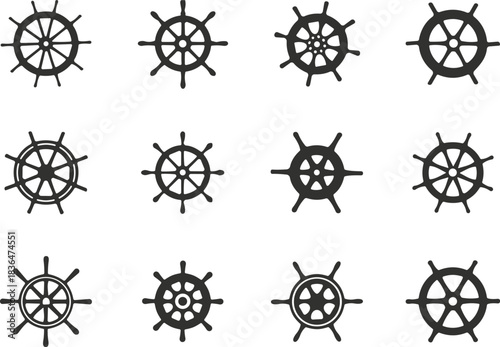 Nautical ship wheel icons, vintage maritime steering symbols, sailor navigation helm silhouettes, marine design collection, ocean adventure illustration set, vector graphics