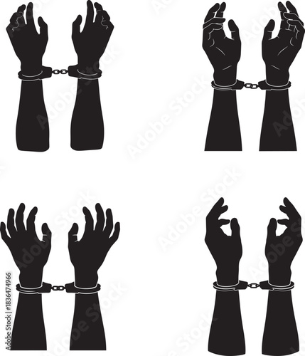 Silhouetted hands restrained with handcuffs representing captivity and restriction
