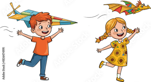 Excited children flying colorful paper plane and kite, enjoying summer outdoor fun