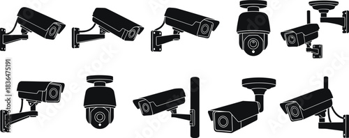 Collection of black silhouette security cameras mounted on walls and poles surveillance camera