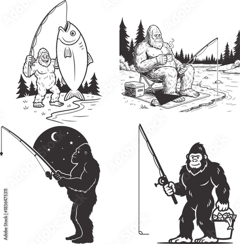 bigfoot fishing forest night lake sasquatch catching fish bundle