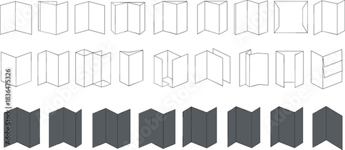 Collection of Brochure and Folder Mockups in Line Art and Solid Gray template layout