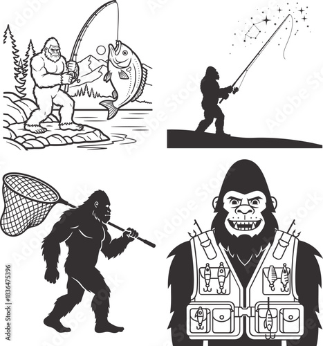 bigfoot fishing cartoon set sasquatch angler mascot t shirt design black and white