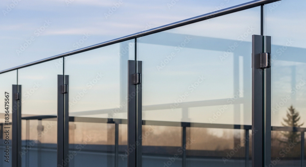 Fototapeta premium Sleek modern glass balcony railing system provides stunning architectural safety and clear panoramic views outdoors