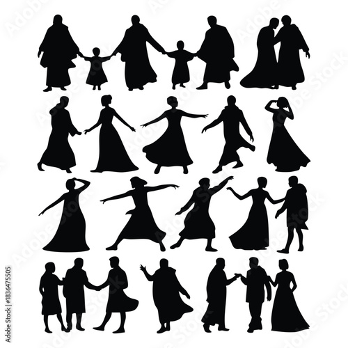 Group of People in Historical Dress Silhouettes, Black Silhouettes of Figures in Period Clothing, Vintage Dance and Family Silhouettes, Victorian/Regency Style Character Poses Vector, Vector.
