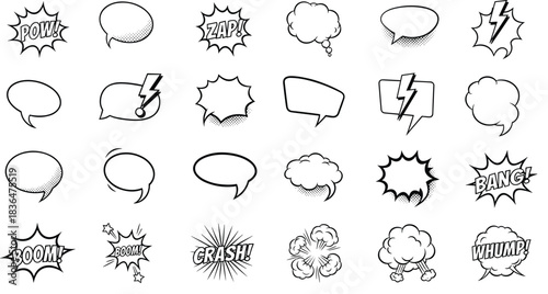 Black and White Comic Book Vector Collection Featuring Hand-Drawn Speech Bubbles and Action Sound Effects for Pop Art, Communication, and Graphic Novel Design
