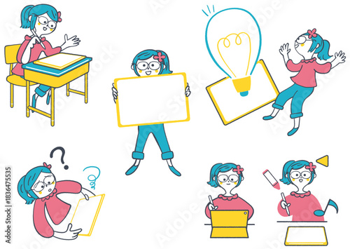 手書き風の線画イラストセット　タブレット学習をする眼鏡とポニーテールの小学生の女の子　勉強・トラブル・ひらめき・案内・遊びのバリエーション