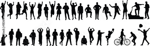 Silhouette collection of people in different standing, walking, dancing, celebrating, exercising, cycling poses, active lifestyle activity characters illustration design