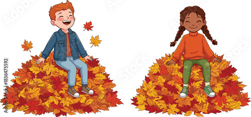 Happy Boy and Girl Sitting in Large Piles of Autumn Leaves, Enjoying Fall Season Fun.