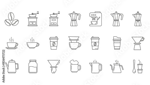 Minimal Coffee Icon Set – Line Art Coffee Tools, Cups, Beans, Barista Equipment Vector Collection