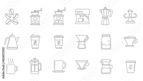 Minimal Coffee Icon Set – Line Art Coffee Tools, Cups, Beans, Barista Equipment Vector Collection
