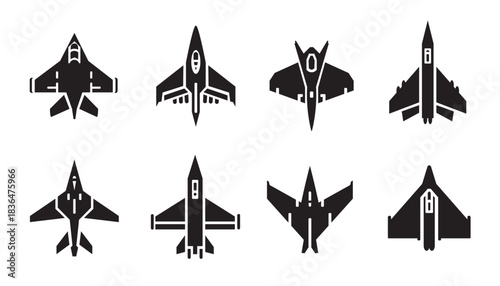 Military fighter jet silhouette set. Top view air force aircraft, supersonic combat plane, and tactical interceptor vector collection.
