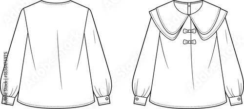 Cute girls long sleeve blouse fashion flat sketch, decorative peter pan collar with bow details, stylish children clothing front back view