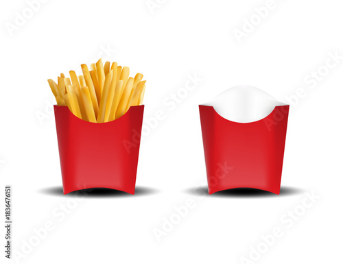 French Fries In Red Fast Food Container With Paper Cup Against White Background.