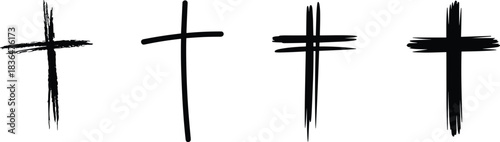 Hand drawn Christian cross symbols, rough brush stroke faith illustration, religious icon design, simple worship graphic elements for spiritual artwork use