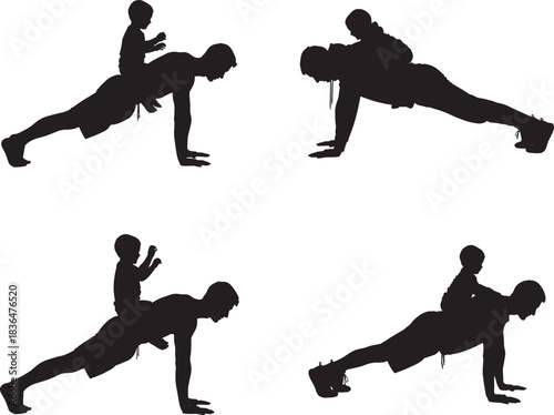 Silhouette of a mother and child exercising together in fitness poses